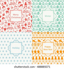Merry Christmas and Happy New Year 2017 set. Christmas season hand drawn seamless pattern. Vector illustration. Doodle style. Decorations. Winter holiday backgrounds for design. Deer, snowflakes