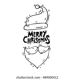 Merry Christmas and Happy New Year. Xmas Poster, banner, printed matter, greeting card. Lettering, calligraphy. Santa Claus. Hand-drawn, lino-cut. Flat design vector illustration.