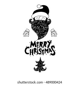 Merry Christmas and Happy New Year. Xmas Poster, banner, printed matter, greeting card. Lettering, calligraphy. Santa Claus. Hand-drawn, lino-cut. Flat design vector illustration.