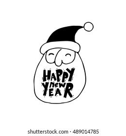 Merry Christmas and Happy New Year. Xmas Poster, banner, printed matter, greeting card. Lettering, calligraphy. Santa Claus. Hand-drawn, lino-cut. Flat design vector illustration.