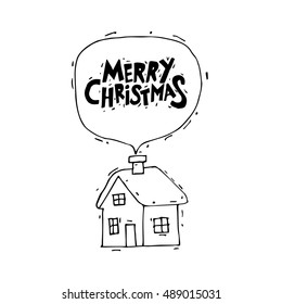 Merry Christmas and Happy New Year. Xmas Poster, banner, printed matter, greeting card. Lettering, calligraphy. Hand-drawn, lino-cut. Flat design vector illustration.