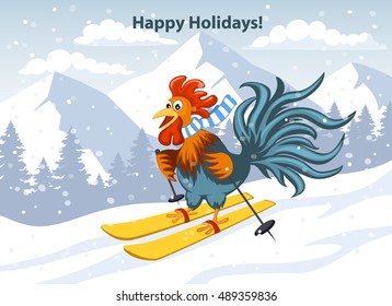 Merry Christmas and Happy New Year Greeting Card with Cute Funny Rooster Skiing in Mountains Vector Illustration