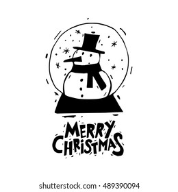 Merry Christmas and Happy New Year. Snowman in a bowl. Xmas Poster, banner, printed matter, greeting card. Lettering, calligraphy. Hand-drawn, lino-cut. Flat design vector illustration.