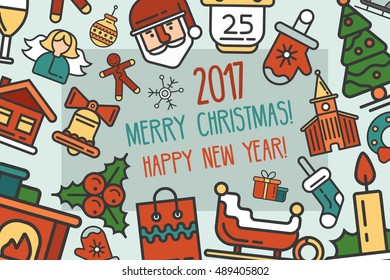 Merry Christmas and Happy New Year flat design modern vector greeting card illustration with Santa Claus, elf, X-Mas tree, mistletoe and other holiday symbols