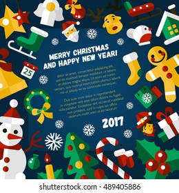 Merry Christmas and Happy New Year flat design modern vector greeting card illustration with Santa Claus, X-Mas tree, wreath and other holiday symbols