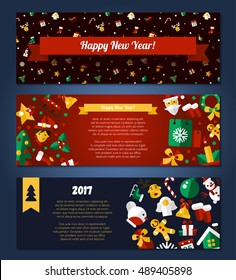 Merry Christmas and Happy New Year flat design modern vector banners set illustration with Santa Claus, X-Mas tree, wreath and other holiday symbols