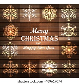 Merry Christmas and Happy New Year background with snowflakes and wood texture. Vector.