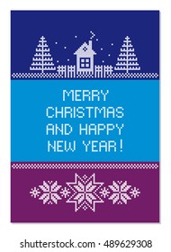 Merry Christmas and Happy New Year! Cross stitch. Greeting card. Vector illustration.