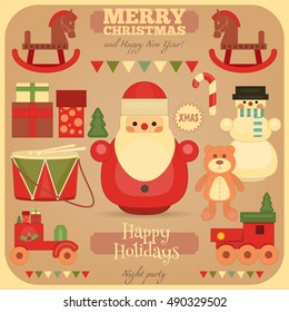 Merry Christmas and Happy New Year Card in Retro Style. Vintage Toys Collection - Wooden Santa Claus, Snowman, Train. Vector Illustration.