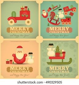 Merry Christmas and Happy New Year Cards Set in Retro Style. Vintage Toys Collection - Wooden Santa Claus, Snowman, Train. Square format. Vector Illustration.
