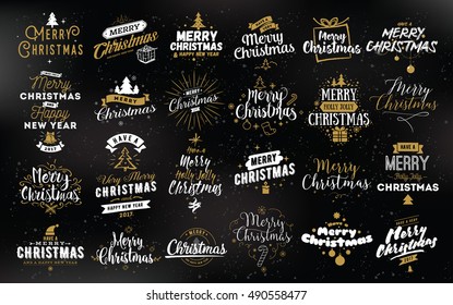 Merry Christmas and Happy New Year 2017 typographic emblems set. Vector logo, text design. Usable for banners, greeting cards, gifts etc.