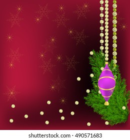 Merry Christmas and happy New Year Greeting card with  Christmas tree, violet ball and pearls