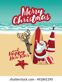 Merry Christmas and a Happy New Year in a warm climate design. Cartoon Santa Claus  at the beach. EPS 10 vector.