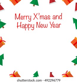 Merry Christmas and Happy New Year text with Gift box, hat, tree - holiday background