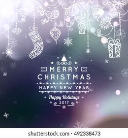 Merry Christmas and Happy New Year card. Christmas typographic message. Vector bokeh background, festive defocused lights, snowflakes, bauble, hanging decoration, text. Northern lights.