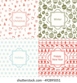 Merry Christmas and Happy New Year 2017 set. Christmas season hand drawn seamless pattern. Vector illustration. Doodle style. Decorations. Winter holiday backgrounds for design. Deer, snowflakes