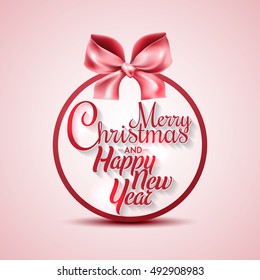 Merry Christmas and Happy New Year. Christmas card with bow. Vector illustration.