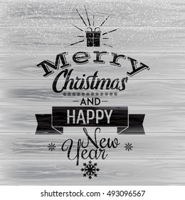 Merry Christmas and Happy New Year poster on wood background with falling snow. Christmas Holiday. Vector illustration.