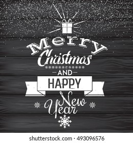 Merry Christmas and Happy New Year poster on wood background with falling snow. Christmas Holiday. Vector illustration.