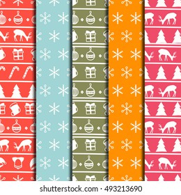 Merry Christmas and Happy New Year 2017 set. Christmas season hand drawn seamless pattern. Vector illustration. Doodle style. Decorations. Winter holiday backgrounds for design. Deer, snowflakes