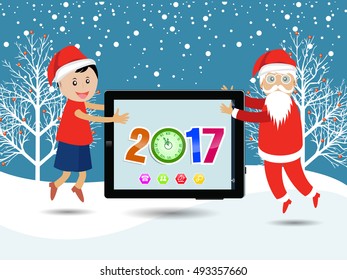 Merry christmas and Happy new year 2017 with funny kids and santa claus