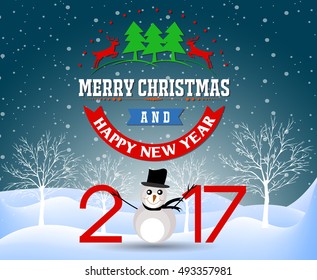 Merry christmas and Happy new year 2017 with snow man