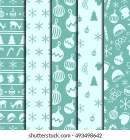 Merry Christmas and Happy New Year 2017. Christmas season hand drawn seamless pattern. Vector illustration. Doodle style. Decorations. Winter holiday backgrounds for design. Set. Blue