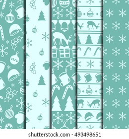 Merry Christmas and Happy New Year 2017. Christmas season hand drawn seamless pattern. Vector illustration. Doodle style. Decorations. Winter holiday backgrounds for design. Set. Blue