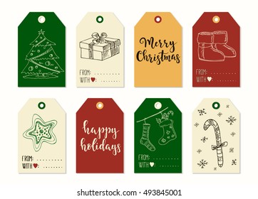 Merry Christmas and Happy New Year vintage gift tags and cards with calligraphy. Handwritten lettering. Hand drawn design elements. Printable items 