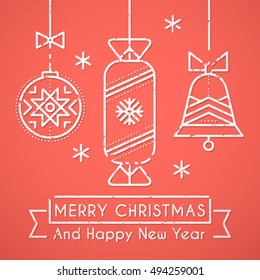 Merry Christmas and Happy New Year greeting card template with stylized Christmas ball,candy toy and jingle bell. Minimalistic line style
