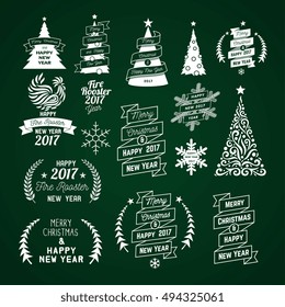 Merry Christmas and Happy New Year text label snowflakes. Greeting card template. Vector illustration.