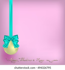 Merry Christmas and happy New Year Greeting card with yellow ball and green ribbon