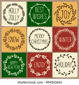 Merry Christmas and Happy New Year vintage gift tags and cards with calligraphy. Handwritten lettering. Hand drawn design elements. Printable items 