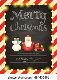 Merry Christmas and Happy New Year Card with Garland in Retro Style. Vintage Toys Collection - Wooden Santa Claus, Snowman, Train. Xmas Poster. Vector Illustration.