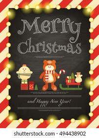 Merry Christmas and Happy New Year Card with Garland in Retro Style. Vintage Toys Collection - Wooden Snowman, Bear, Sled. Xmas Poster. Vector Illustration.