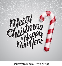Merry Christmas and Happy New Year. Christmas card with candy cane. Christmas Holiday.