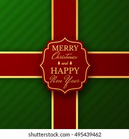 Merry Christmas and Happy New Year holiday label background with ribbons. Vector eps10