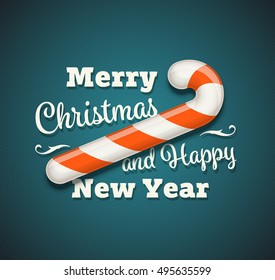 Merry Christmas and Happy New Year. Christmas typographic poster with a seasonal mint candy. Vector winter holidays greetings card. 