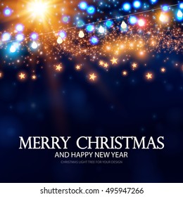 Merry Christmas and Happy New Year Abstract Background with Lights. Vector illustration