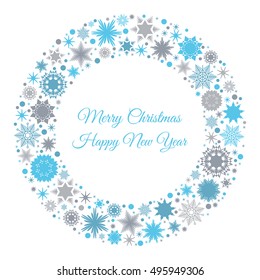 Merry Christmas and Happy New Year card with blue and gray snowflakes. Vector illustration for postcard background.