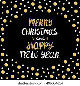 Merry Christmas and Happy New Year lettering design with gold white glittering confetti background. Vector illustration
