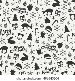 Merry Christmas and Happy New Year 2017. Season hand drawn seamless pattern. Vector illustration. Doodle style. Decorations. Winter holiday backgrounds for design. 