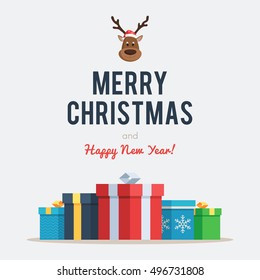 Merry Christmas and happy New year lettering with Christmas deer, santa hat and a bunch of festive colored boxes. Vector illustration for holiday design web banner or greeting card