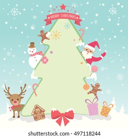 Merry christmas and happy new year background with christmas tree, santa claus, snowman, reindeer and  ornament  for party on pastel colors.Illustration vector blank for text.