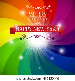 Merry Christmas and Happy New Year Card on Colorful Twisted Background