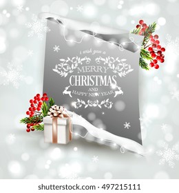 Merry Christmas and happy new year invitation template with gift box, ball, lights garland, letter, red berry pine branch on snow background