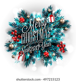 Merry Christmas and happy new year invitation template with gift box, ball, lights garland, letter, red berry pine branch on snow background