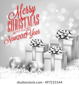 Merry Christmas and happy new year invitation template with gift box, ball, lights garland, letter, red berry pine branch on snow background
