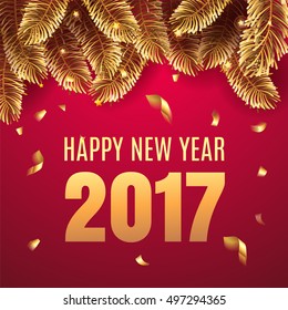 Merry Christmas and Happy New Year 2017 greeting card with Chrirstmas decor fir twigs and confetti and numbers 2017. Vector illustration. EPS 10