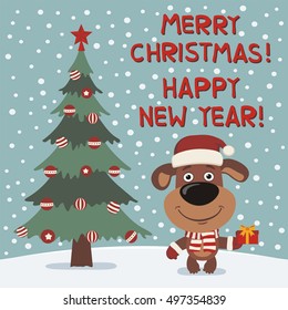 Merry Christmas and Happy New year! Funny puppy dog in red hat with gift in cartoon style. Greeting card.